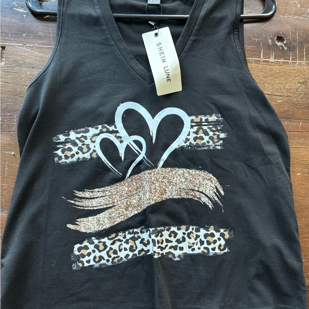 SHEIN Black Tank Top with Leopard Print and Glitter Hearts